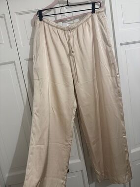 Abercrombie & Fitch Cream Satin Drawstring Wide-Leg Pants
